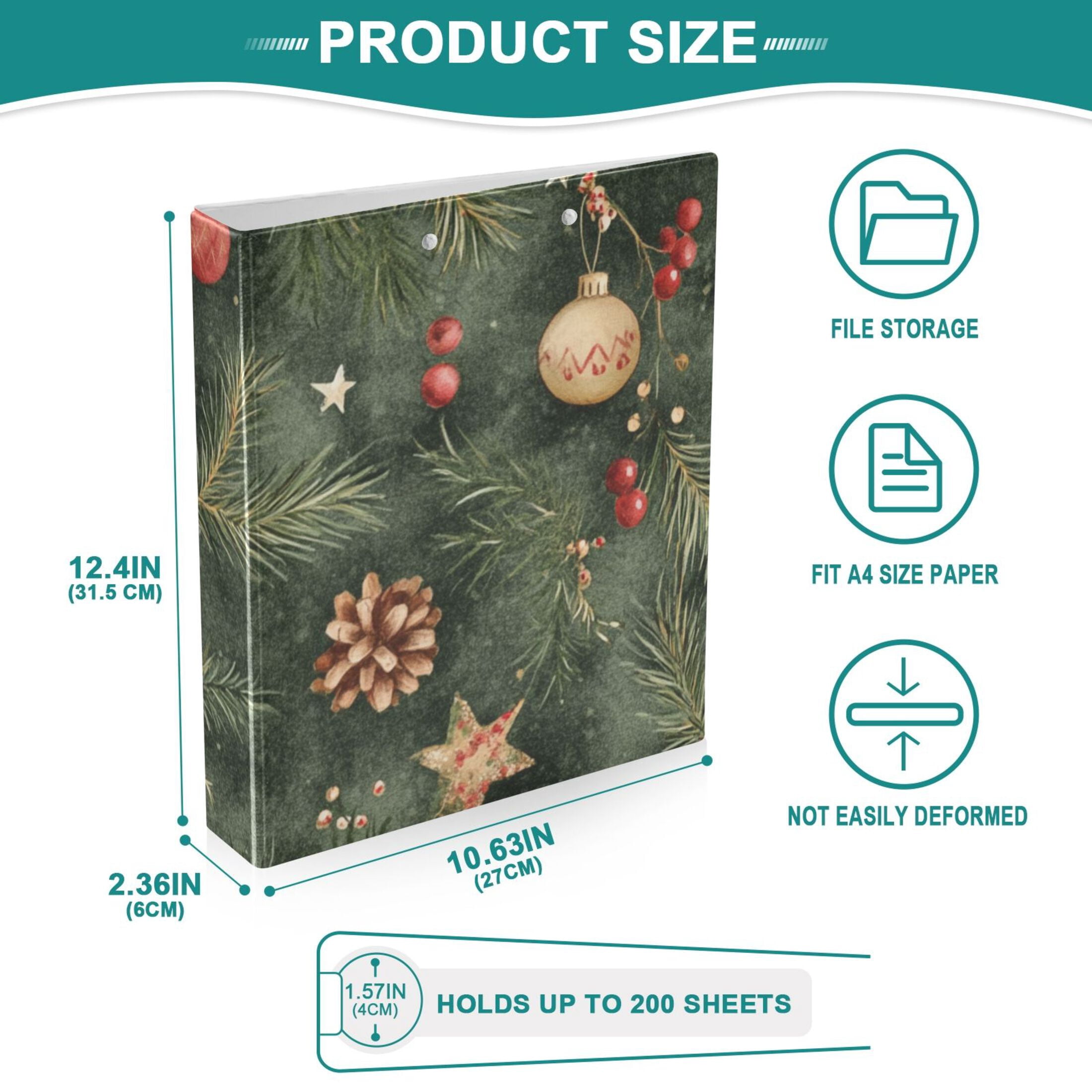 Christmas Green 3 Ring Binders 1.5 inch Hardcover File Folders with Interior Pockets A4 Size Organizer for School Office Hospital