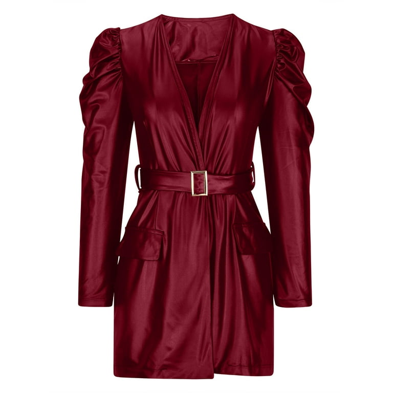 Lovskoo Women's Pu Leather V-Neck Bubble Sleeve Long Sleeve Solid Color  Dress With Belt Mid Calf Dresses S-Xl Burgundy - Walmart.com
