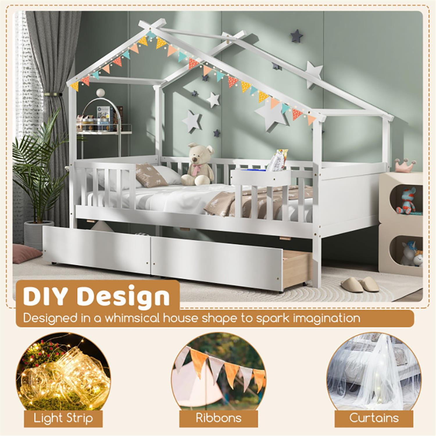 Demi Bonn Twin House Bed Frames with 2 Storage Drawers and Roof & Fence Rails, Modern Platform Bed Frames for Teens, White