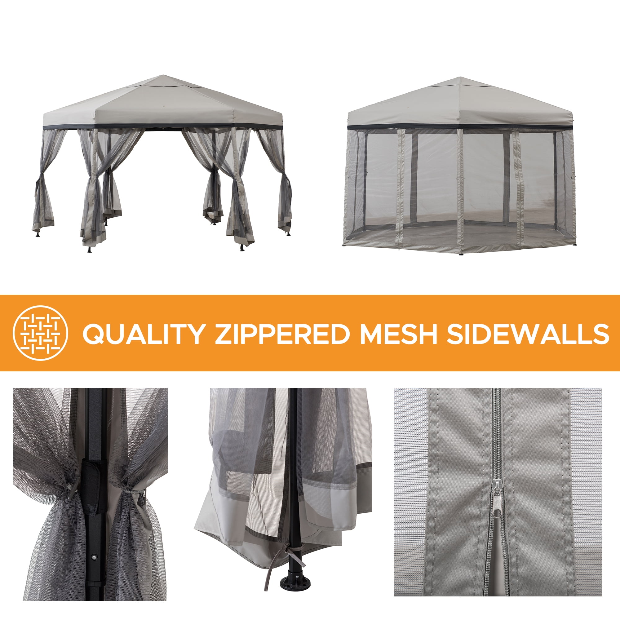 Sunjoy 11x11 ft. Pop Up Gazebo, 2-Tone Portable Canopy/Tent, Outdoor Hexagon Steel Frame Soft Top Gazebo, Mesh Sidewalls and Carry Bagcluded, Gray & Black