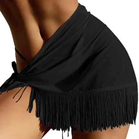 Womens Swimsuit Cover Up Ruffle Trim Sheer Beach Skirt Cover Up Lace Up Skirt Beach Wrap Bikini Shiny Wraps Cover Ups For Swimwear Mesh Drawstring Cover Up Skirt Black Womens Swimsuits
