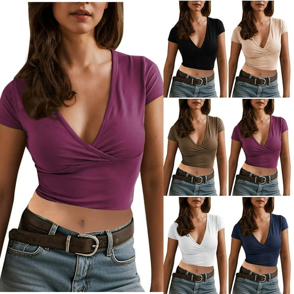 Fashion Olyvenn Women's Short Sleeve Deep V Neck Cross Wrap Crop Surplice Top Summer Fashion Solid Slim Blouse Shirts Beige L