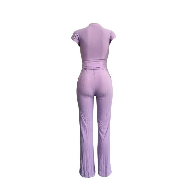 REORIAFEE 60s Outfits for Women Beach Outfits Women's Fashion Stripe Casual  Sports Tie Short Sleeve Pants Set Purple XL 