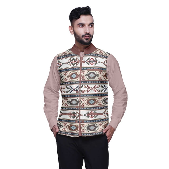 Atasi Kilim Veste Imprimée Nehru Homme Bandhgala Veste Ethnique Tenue de Fête Mariage-Grande