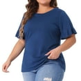 thumbnail image 2 of DARING DIVA Women's Plus Plain Crew Neck Ruffle Short Sleeves Blouse 3X Dark Blue, 2 of 6