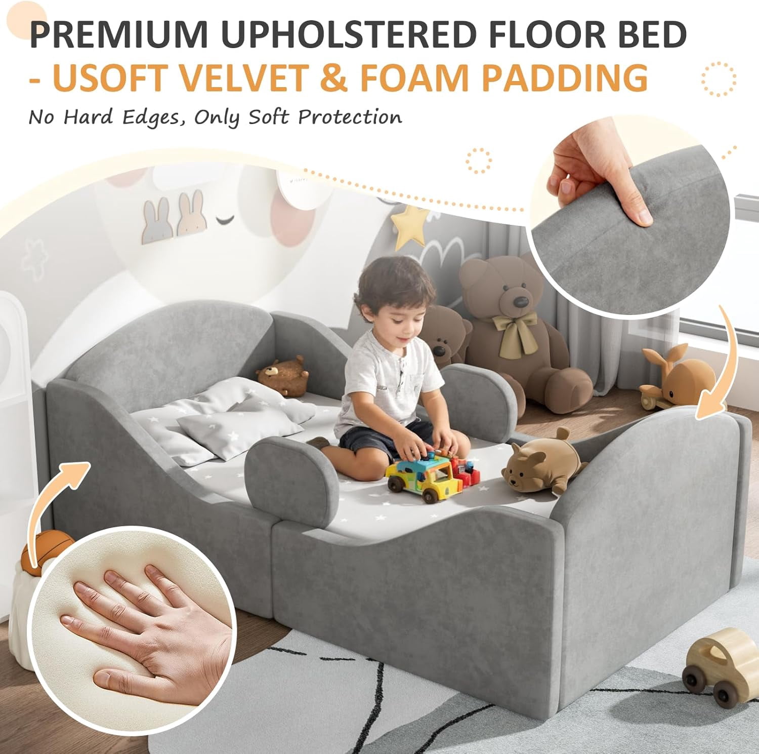 Toddler floor bed with removable safety rails, suitable for both boys and girls, standard crib size, soft-padded safety mattress, low-profile design (Grey).