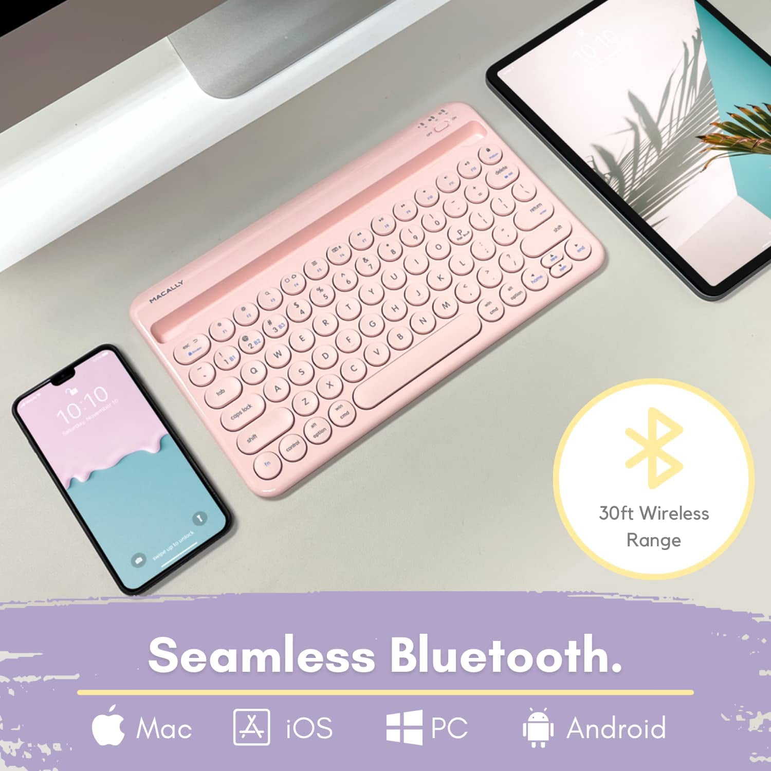 Macally Mini Wireless Bluetooth Keyboard with Stand, Rechargeable, Pink