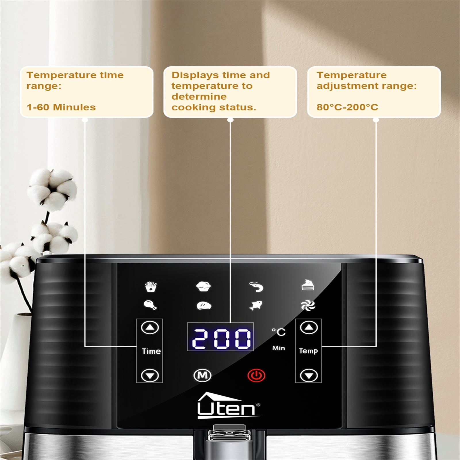 Uten 5.8 Qt Air Fryer Toaster Oven, 1700W 7-in-1 Oil Free Airfryer with 7 Presets & Touch Screen Timer & Temperature Control, Nonstick Basket for Roast Bake Reheat, Easy Clean Compact, Black