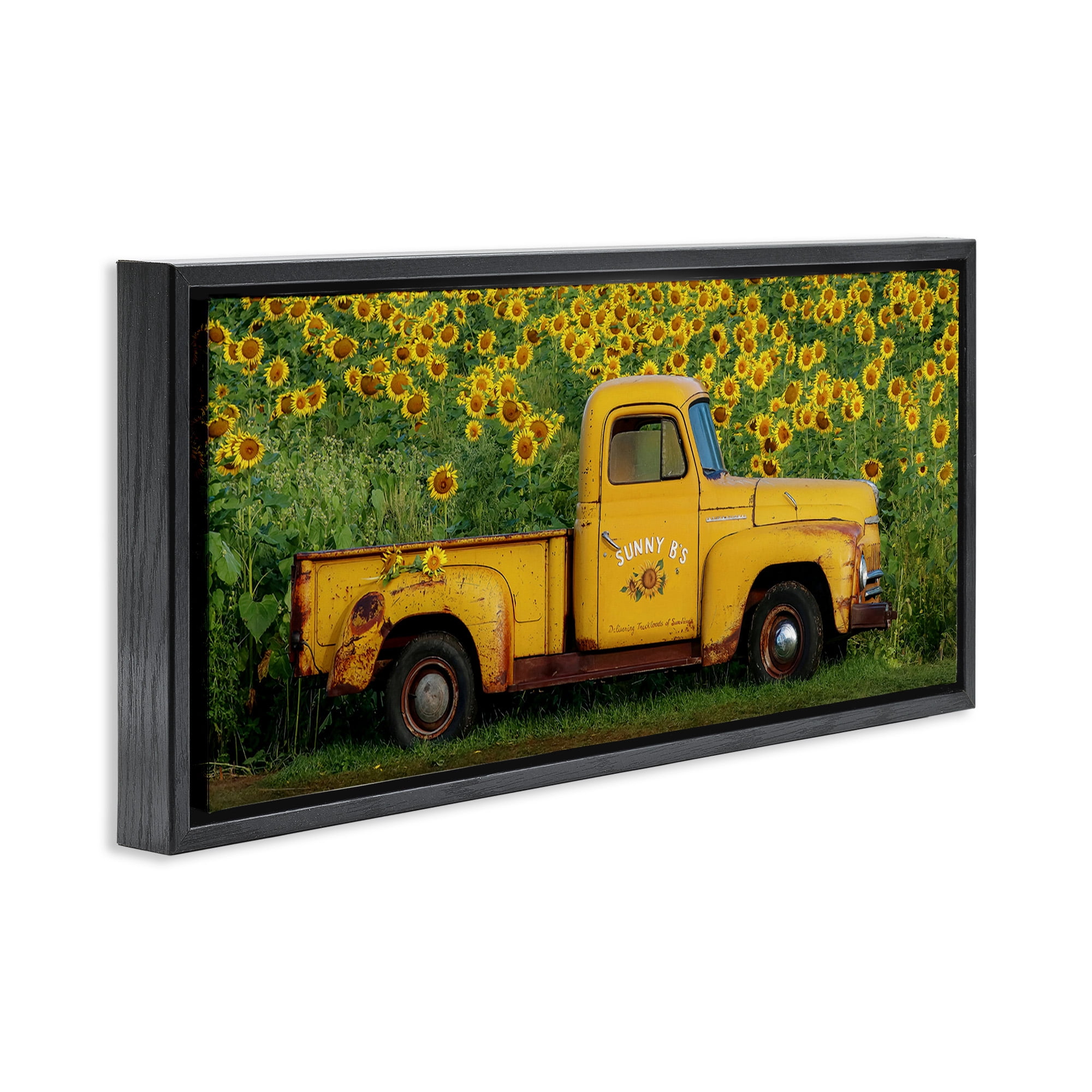 Stupell Industries Yellow Pickup in Sunflower Field Transportation Photography Black Floater Framed Canvas Art Print Wall Art, 31 x 14
