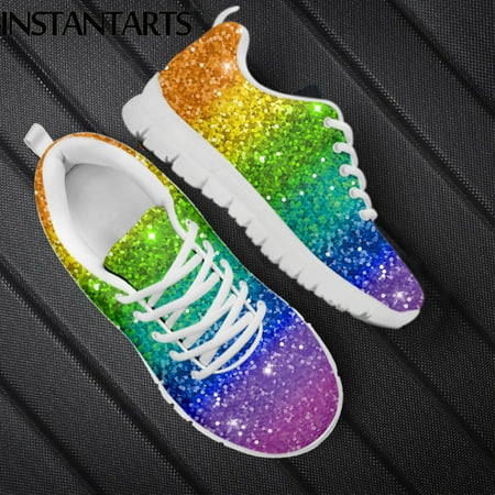 

Cool Rainbow Glitter Texture Printed Girls Flat Shoes Breathable Slip-on Mesh Sneakers Outdoor Lace up Scarpe Donna