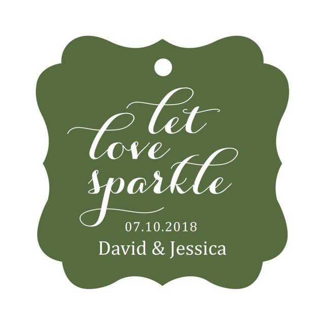 Darling Souvenir Custom Let Love Sparkle Wedding Hang Tags Personalized Fancy Frame Paper Tags -Olive Green-100 Tags