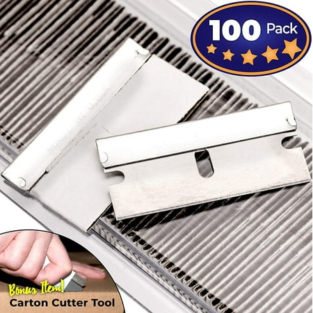 Ultra Sharp, USA-Made Steel Razor Scraper Blades Bulk 100 Pack by Nova Supply with Bonus Carton Cutter Tool! Strong Single Edge 1.5 in Blade for Scrapers and Cutting Tools in a Safe, Reclosable