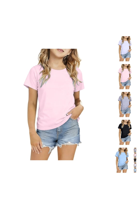 Girls T Shirt Short Sleeve Crew Neck Plain Ice Silk Basic Summer Tees Casual Fashion Clothing (2-12y)