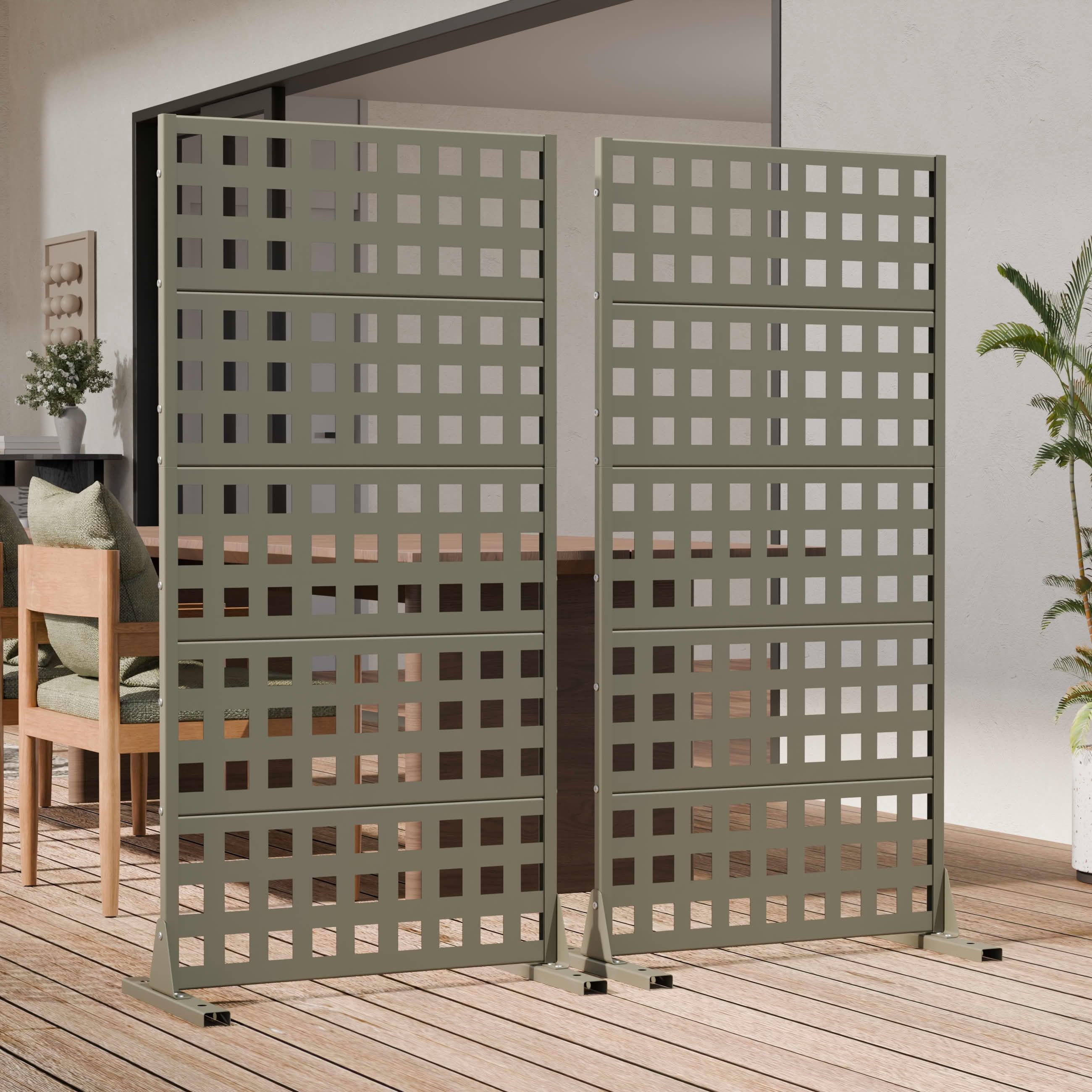 MAYEERTY Outdoor Metal Privacy Screen 5ft Olive Gray, 5-Panel Lattice Pattern, Rust-Resistant for Garden