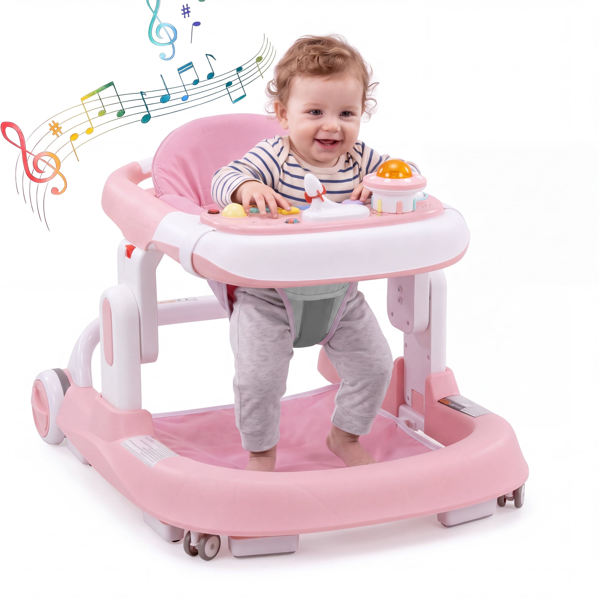 4-in-1 Baby Walker with Wheels, Adjustable Height, Music and Light for Girls Boys Infant 6-18 Months,Pink