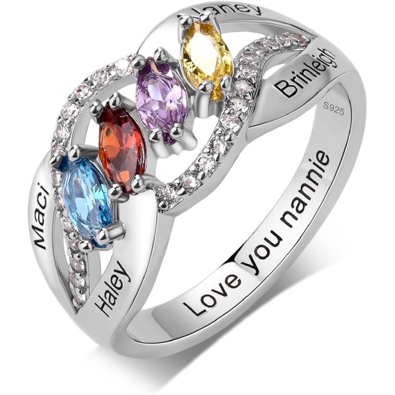 S925 Sterling Silver Mothers Rings with 4 Birthstones and Names Personalized Birthstones Ring for Mother Custom Engraved Family Rings for Women