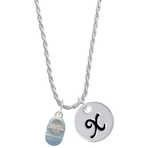 Delight Jewelry Silvertone Light Blue Baby Shoe with Crystal Strap Silvertone Script Initial Disc - X - Charm Necklace, 20"+3"