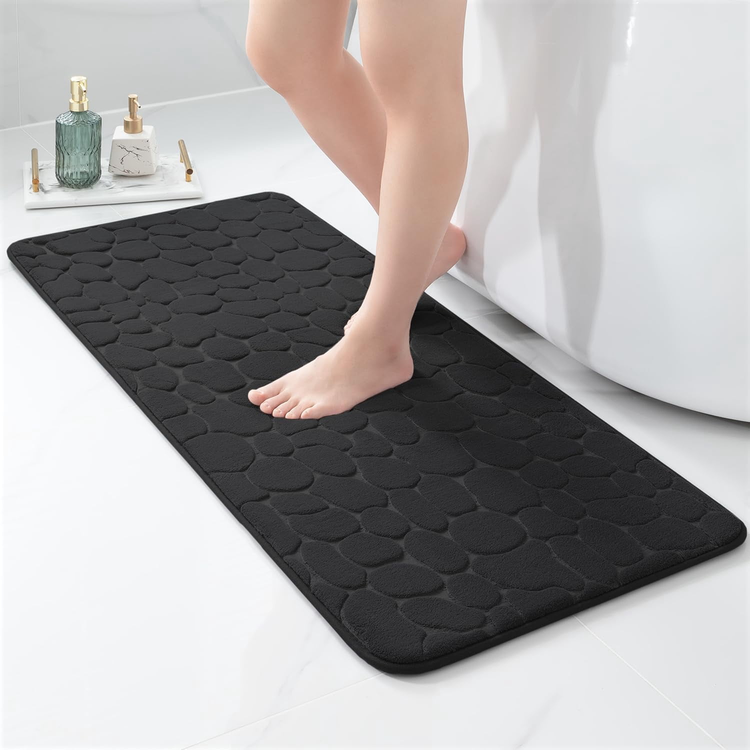 Lawor Memory Foam Bath Runner Mat Long Narrow Bathroom Rug Microfiber Bathroom Carpet Non Slip Soft Absorbent Washable Bathrug Black 71*24In