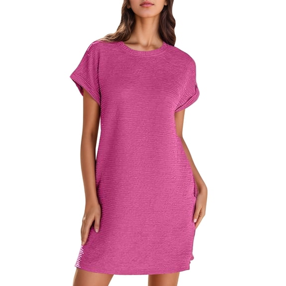 Zpanxa Comfortable Tunic Dress Women Elegant Casual Loose Fit Short Sleeve Round Neck Pocket Summer Dress