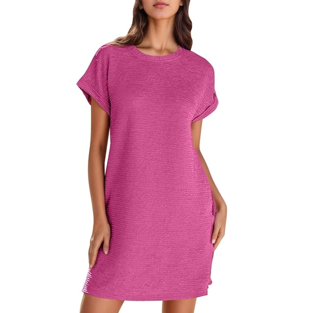 Lenpel Robe T-Shirt pour Femme, Couleur Unie, Manches Courtes, Col Ras du Cou, Robe Tunique, Été, Décontractée, Mini, avec Poches