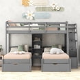 thumbnail image 2 of Twin Over Twin & Twin Bunk Bed, Triple Bunk Bed with 2 Storage Drawers and Staircase for Kids Teens Adults, Wooden Bed Frame with Built-in Shelves and Saftey Guardrails, Space Saving Design, Gray, 2 of 7