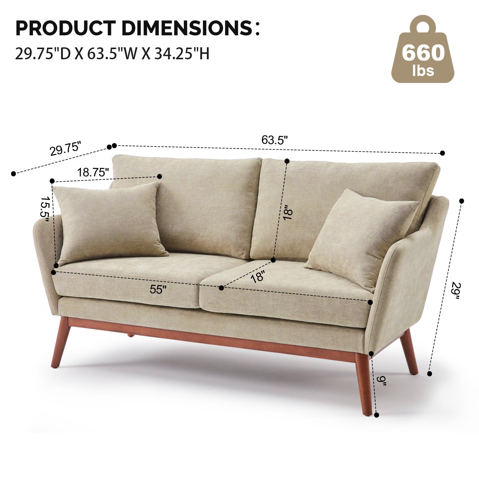 Ktaxon Mid-Century Modern Loveseat, Linen Blend 2-Seater Sofa, Solid Wood Frame Couch for Living Room, Apartment Beige