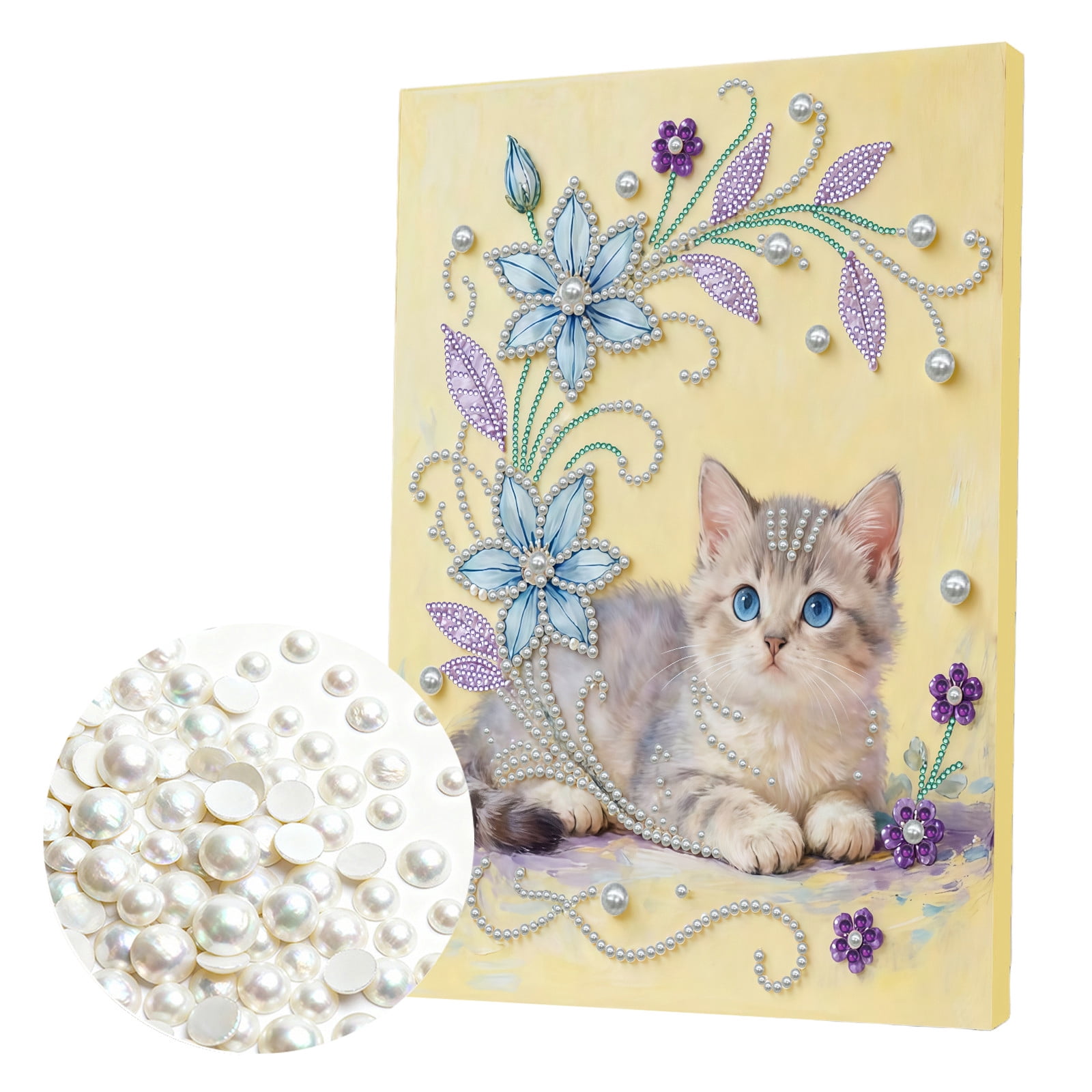 FLOPESN DIY Gemstone Pearl Diamond Art Painting Kit with Frame, 11.81x15.75in Colored Canvas, Home Decor Display for Tabletop and Wall -Cat
