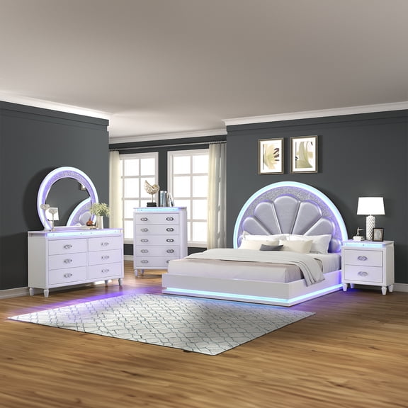 Perla Queen 4 Pc LED Bedroom Set Made with Wood in Milky White
