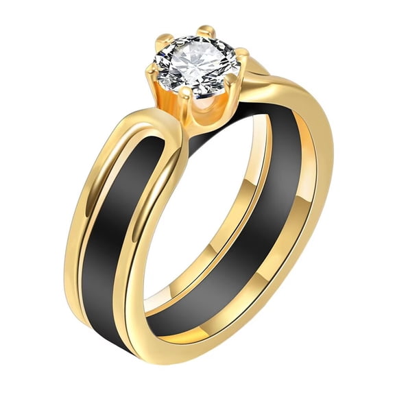HIJONES Women's Stainless Steel Cut Crystal Cubic Zirconia Inlaid Ceramic Couple Wedding Ring Two Tone Eternity Engagement Finger Band Gold Black Size 7