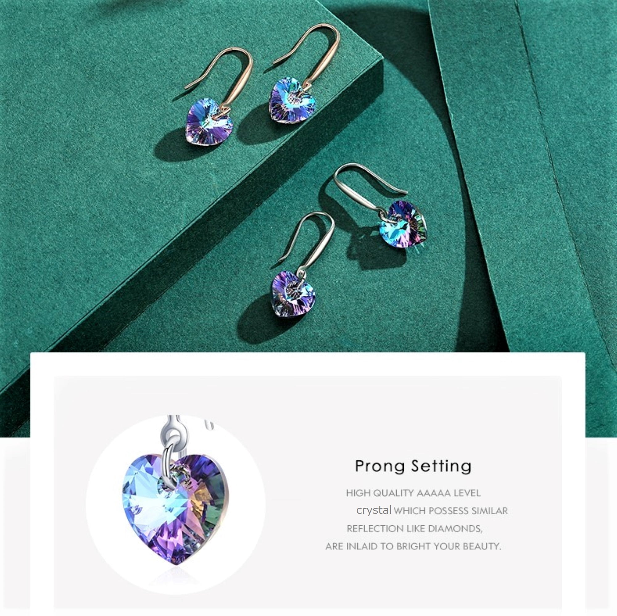 Bellitia Jewelry Crystal Heart Shape Drop Dangle Earrings for Women, Rose Gold/White Gold Plated 925 Sterling Silver Hook Hypoallergenic Jewelry