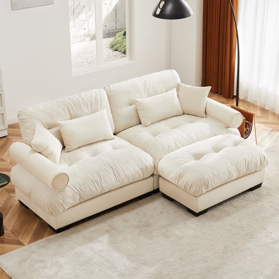 Modern Velvet Two-Seater Sofa with Ottoman - Round Bolster Armrests, Lumbar Support Cushions, Throw Pillows, Cream Color for Living Room & Bedroom Comfort