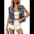 thumbnail image 3 of Denim Vest Women Sleeveless Casual Floral Printed Jean Waistcoat Jacket Middle Blue M, 3 of 9