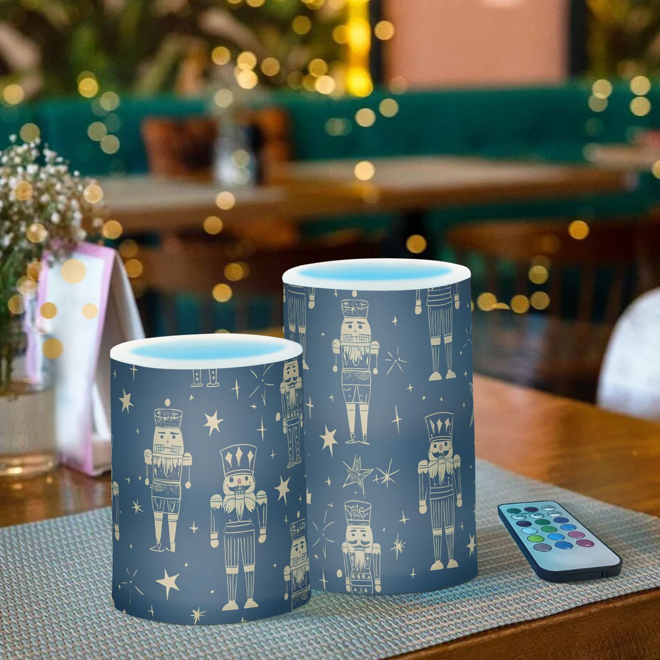 Gold Nutcracker Dark Blue Background Pattern Flickering Flameless Candles Battery Operated with Remote Timer LED Pillar Candles Set of 2
