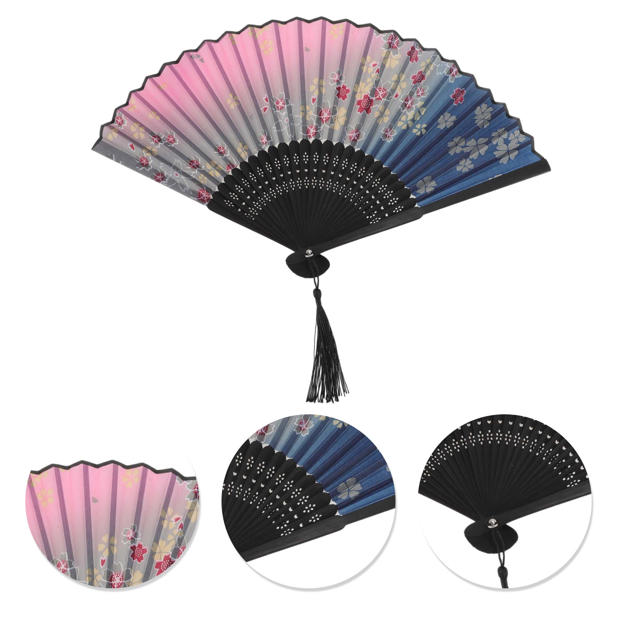 Unique Bargains Ancient Style Folding Fan 1Pc Dark Blue Pink [Lucky Four-Leaf ]