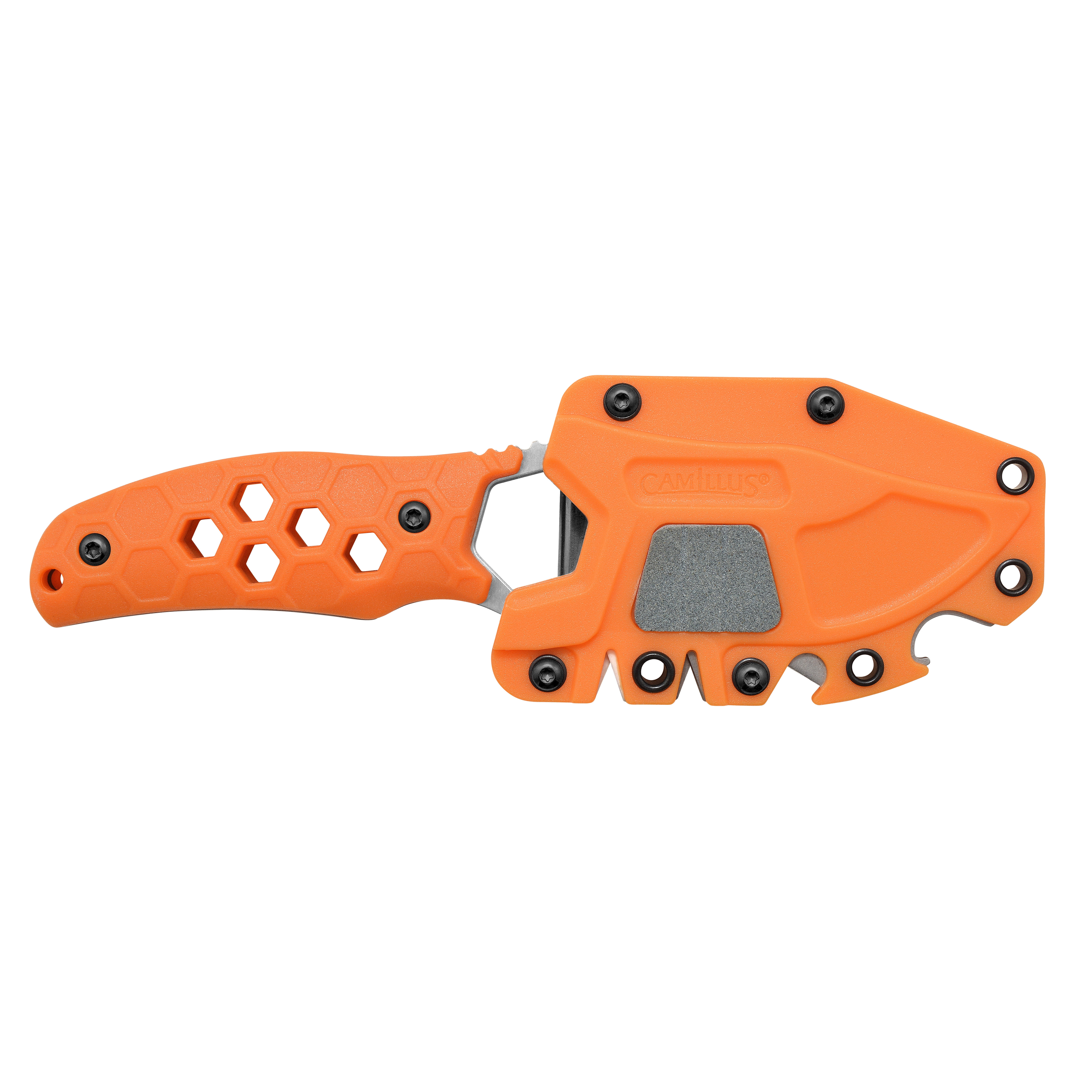 Camillus Comb 7.25" Fixed Drop-Point 3.5" Blade Knife with Sharpeners and Hard Sheath, Orange