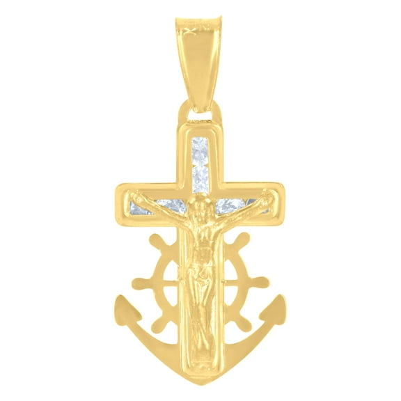 14k 14kt Yellow Gold Mens Cubic-Zirconia Anchor Crucifix Religious Charm Pendant