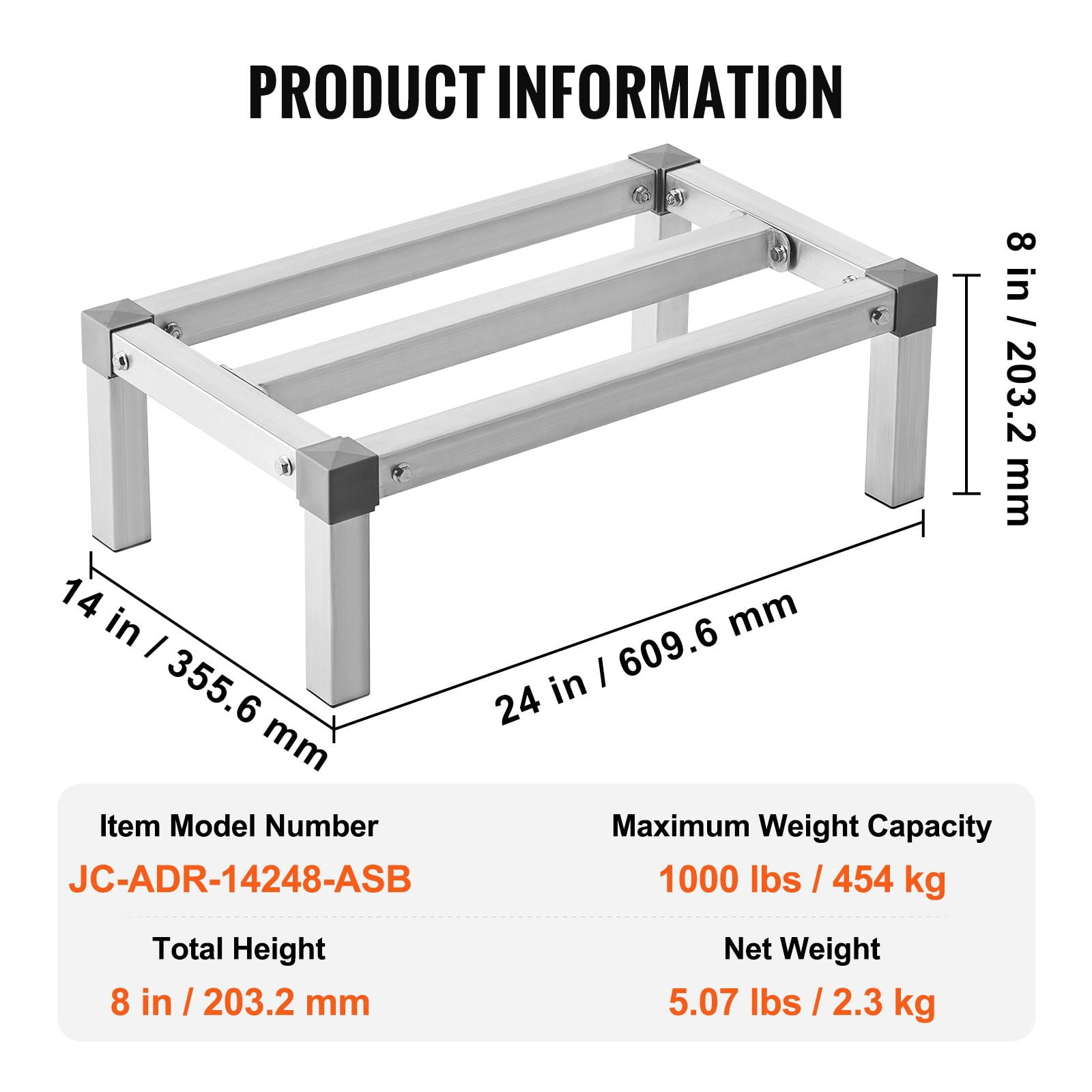 Adjustable Aluminum Dunnage Rack, 24" x 14" x 8", Supports 1000 lbs, Corrosion-Resistant, Quick Assembly, Lightweight, for Kitchen, Warehouse, Garage & Vehicle Storage