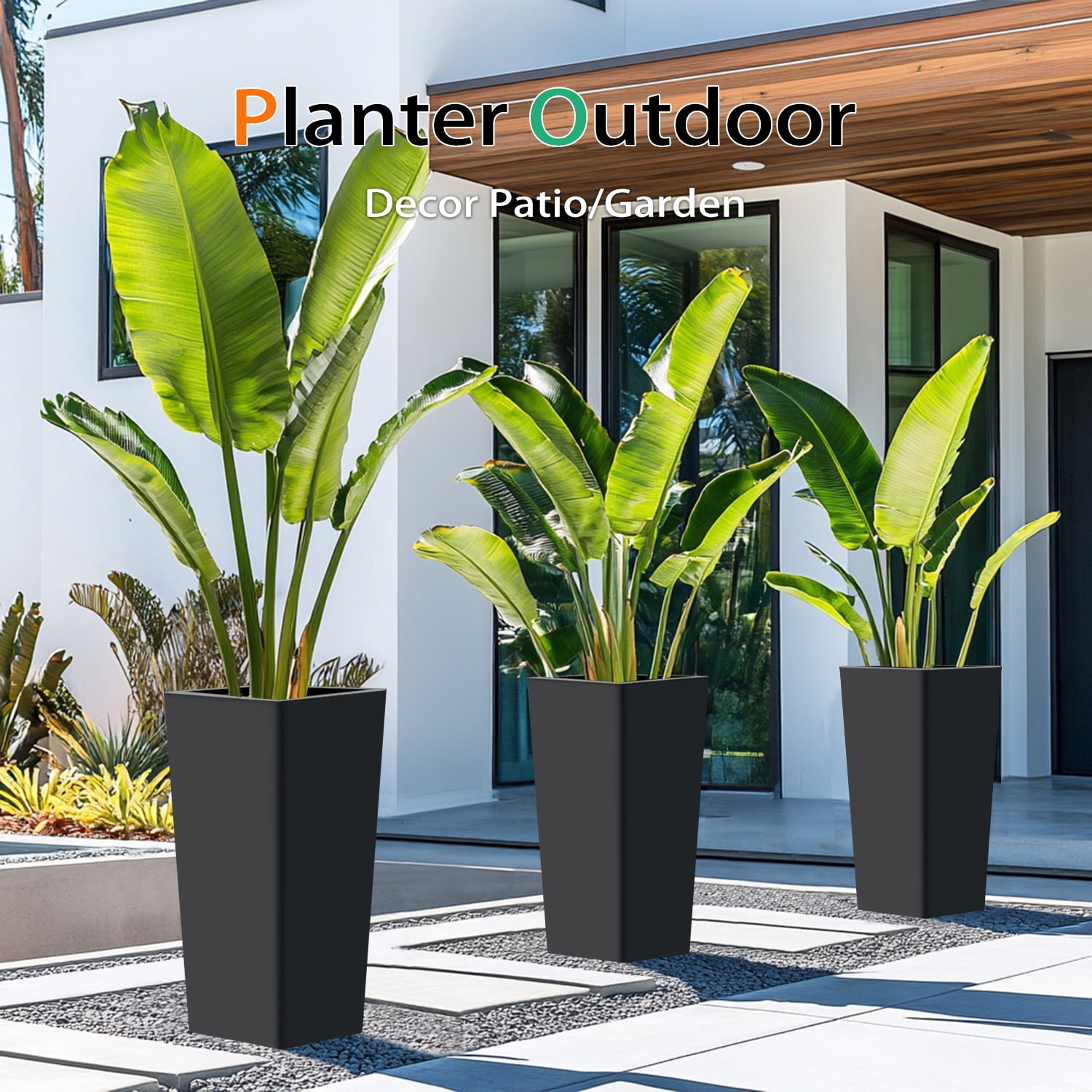 Vucunty Tall Planter Outdoor Indoor, Large Resin Plant Pots for Trees Flowers (Black, 28 inch - 2 Pack)