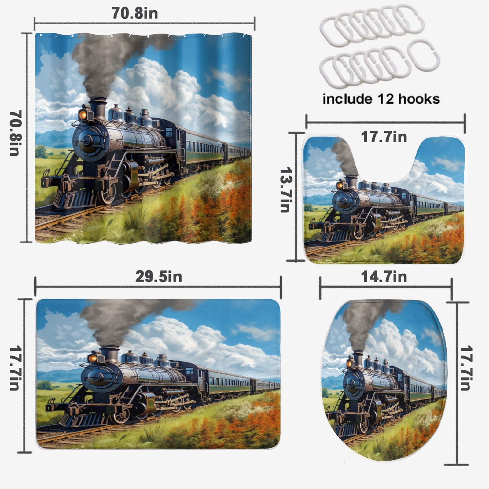 Steam Engine 4 Pieces Shower Curtain Set with Non-Slip Rug Rustic Old Train Countryside Scenery with Toilet Lid Cover, Bath Mat, Shower Curtains for Bathroom Rug Set, 72x72 Inch