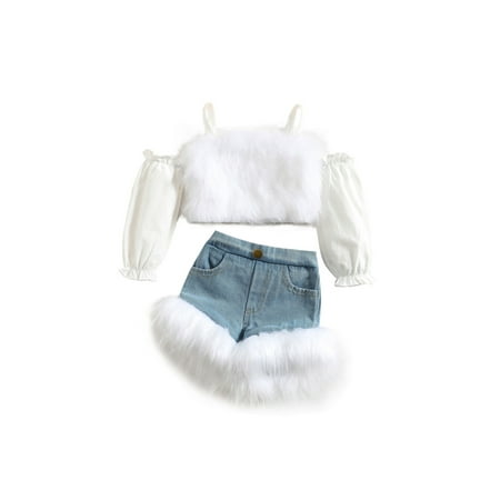 

Qtinghua Toddler Baby Girls Plush Stitching Outfits Long Sleeve Cutout Shoulder Spaghetti Strap Crop Tops+Denim Shorts Set White 12-18 Months