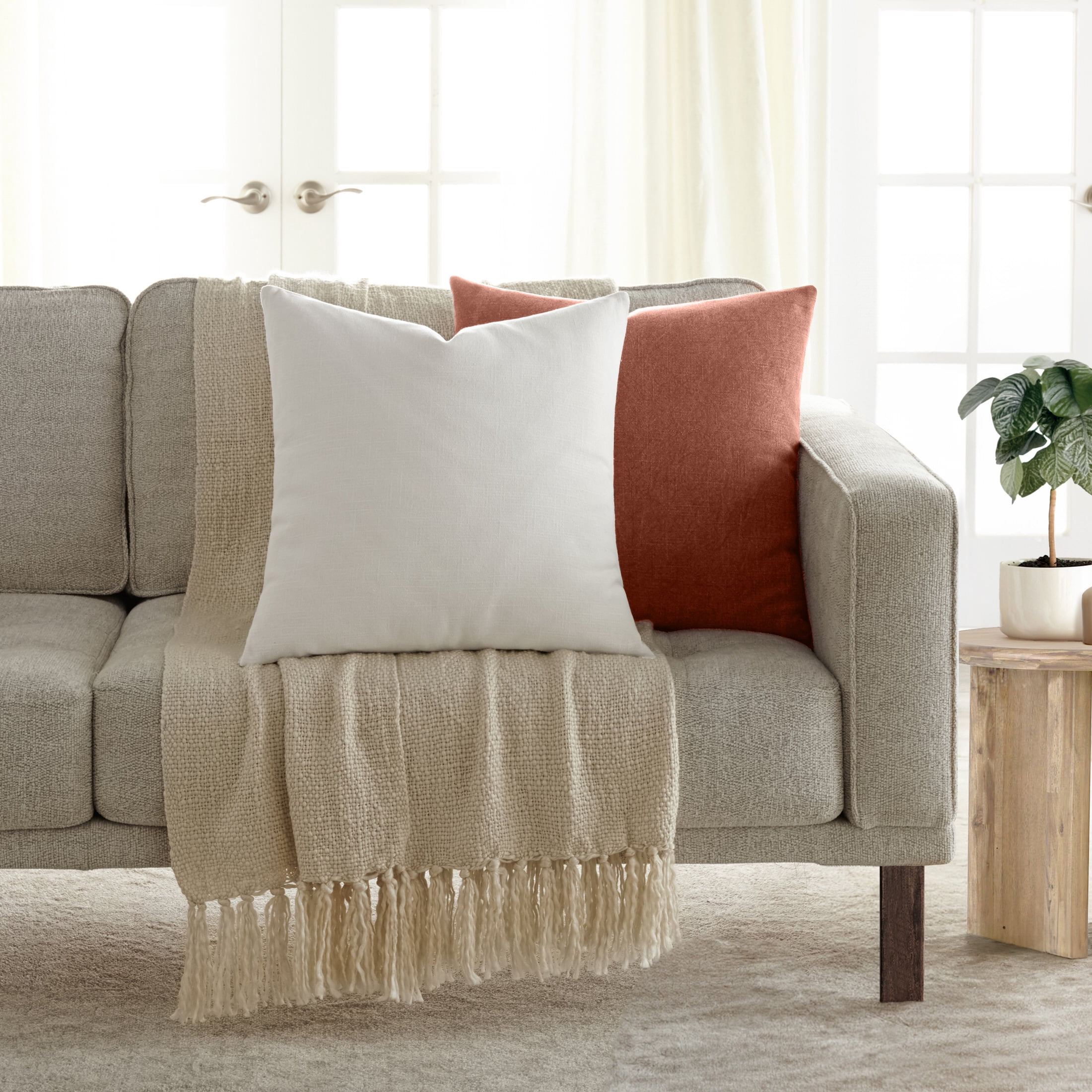 Stone Washed Throw Pillows in Distressed Cotton Solid Natural by Comfort Canopy