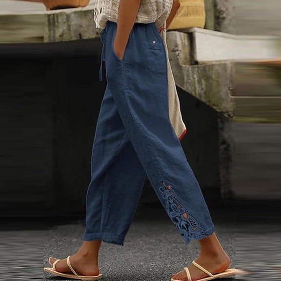 Dwellite Pants for Women Summer 2026 Trendy Beach Slacks Casual Vintage Lace Design Drawstring Elastic Pant with Pocket Blue S
