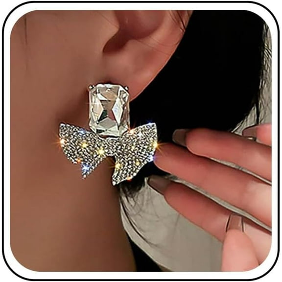 Bohemian Crystal  Bow Dangle Earrings Silver Cz Paved Bow Tie Earrings  Rhinestone Stud Earrings Large Bow Tie Drop Earrings Jewelry for Women