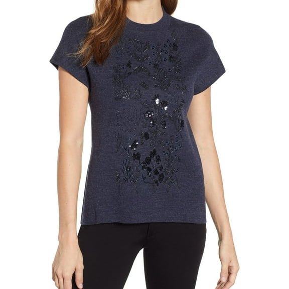 Anne Klein Womens Embellished Pullover Sweater, Blue, Large