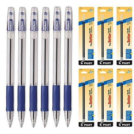 Pilot EasyTouch Ballpoint Stick Pens, Medium Point Blue Ink 6 Pens & 12 Refills