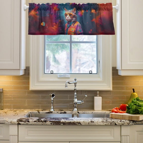 Cat Sunglasses Colorful Curtain Valances Farmhouse Design Window Treatment Decor Blackout Rod Pocket for Windows Living Room Kitchen 54" x 18"