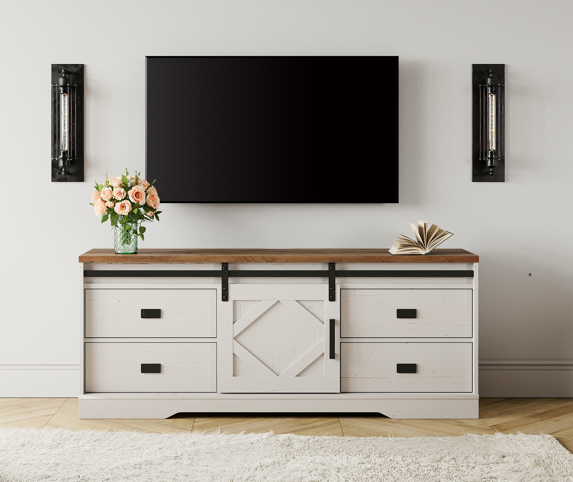 Wampat TV Stand Wood 65 inch TV Cream White with Barn Door & Rub Through Distressing