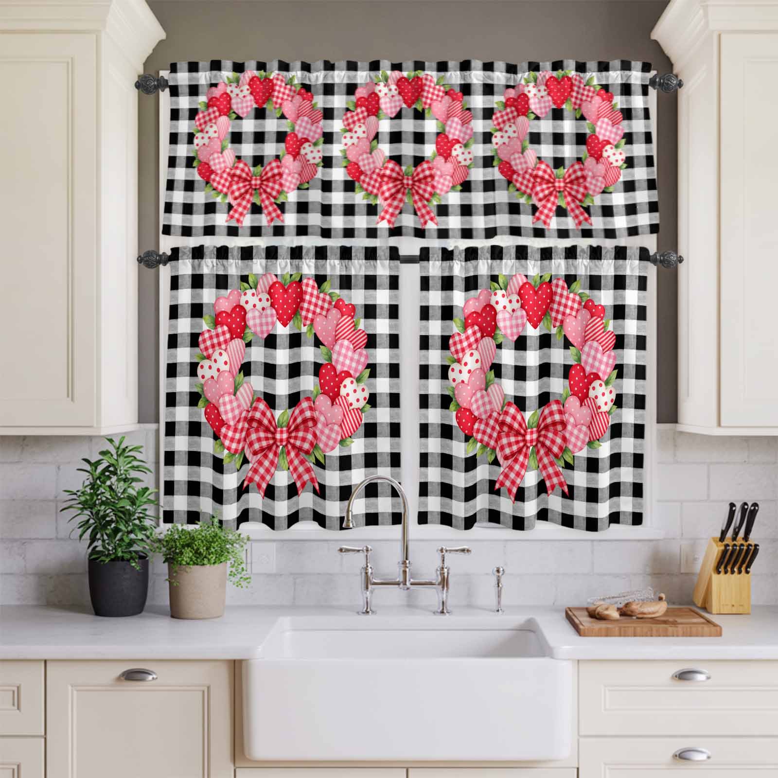 Kitchen Window Curtains Valance and Tier Set Valentine Hearts Wreath Rod Pocket Tier Curtains and Valance Set Black White Plaid Background Window Treatment for Bedroom Living Room