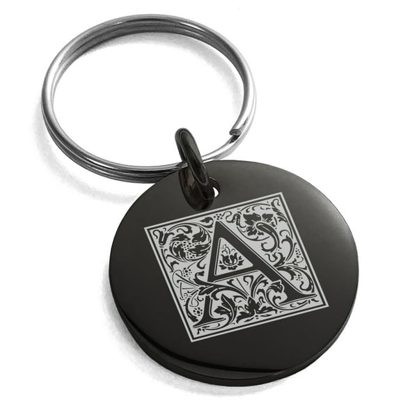 Stainless Steel Letter A Initial Floral Box Monogram Engraved Small Medallion Circle Charm Keychain Keyring