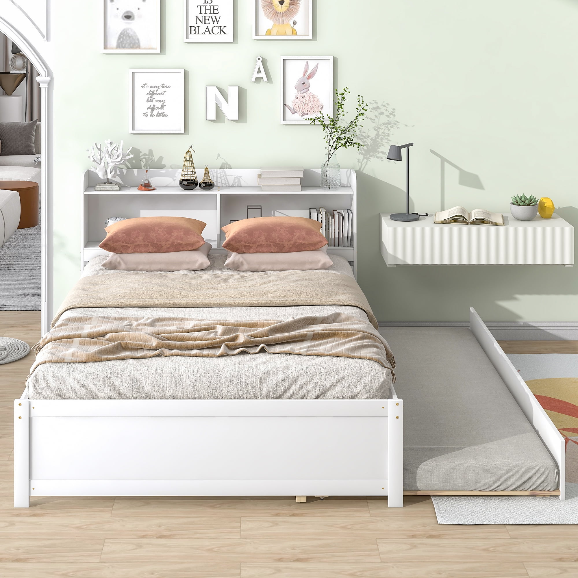 Miniyam Full Size Bed Frame with Trundle & Bookcase Headboard for Kids and Teens, White